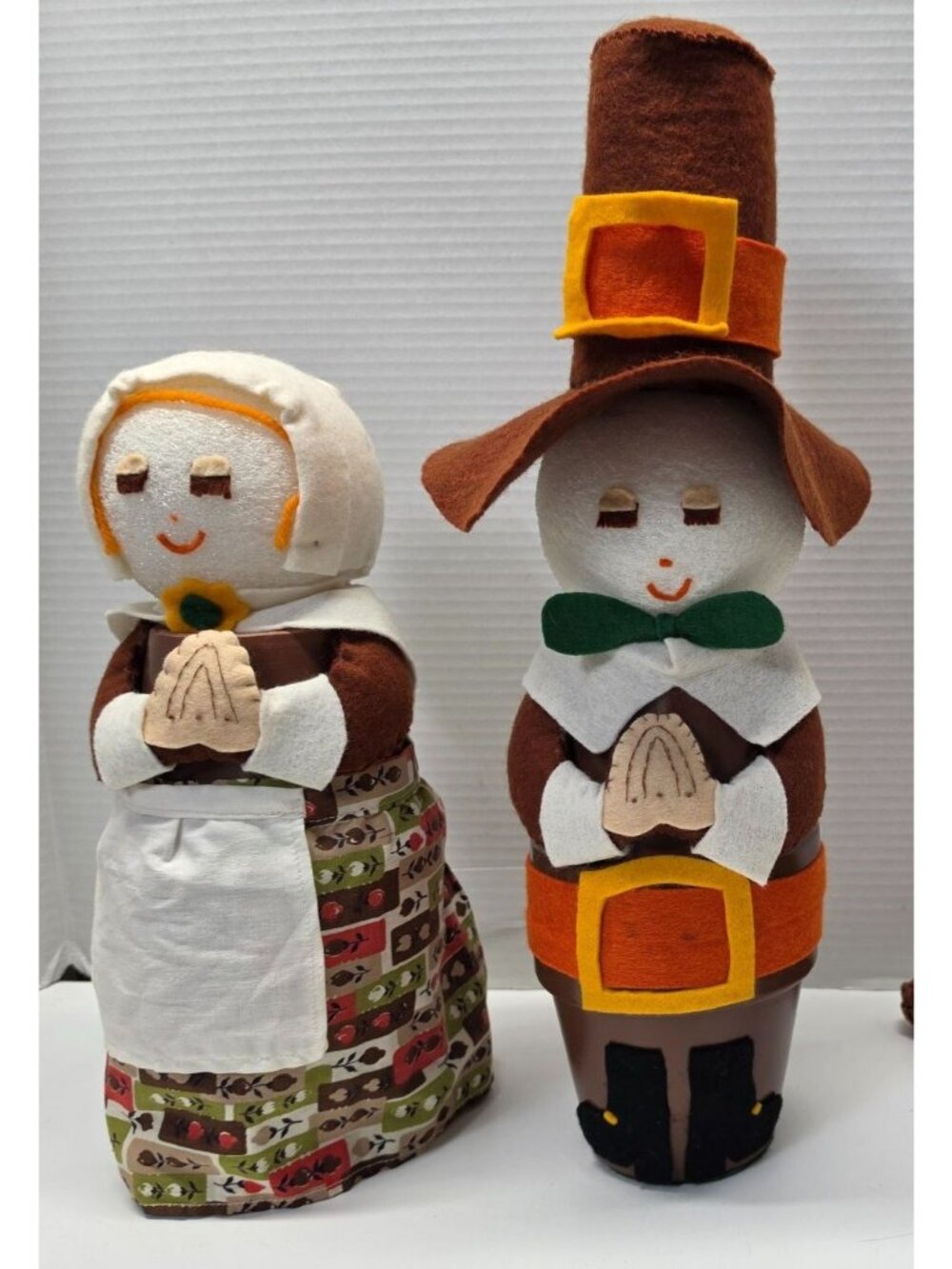 Vintage 1970s Handmade Pilgrim Couple Flower Pot Felt Thanksgiving Decor 17"